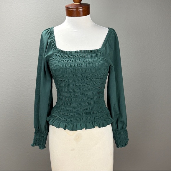 Madewell Lucie Green Bubble sleeve Smocked Top Sz XXS Fairycore Cottagecore - Picture 2 of 8